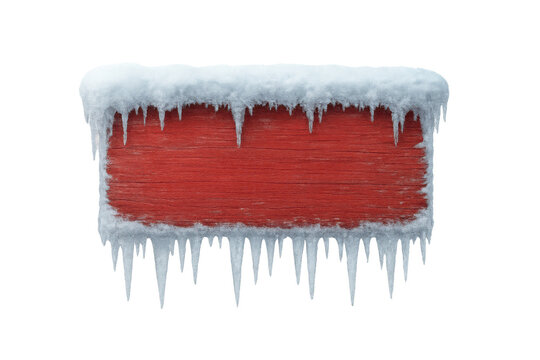 Weathered red wooden sign covered with fresh snow and sharp icicles on top and bottom border, winter season template