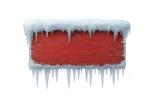 Weathered red wooden sign covered with fresh snow and sharp icicles on top and bottom border, winter season template