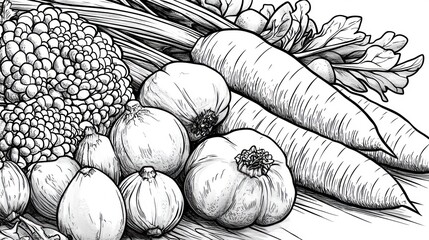 Fresh vegetables harvest bounty, kitchen table, healthy food recipe illustration