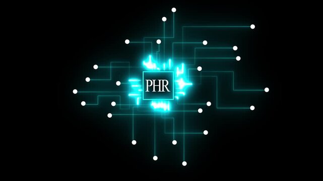 Digital circuit board with glowing cyan lines and white nodes on a black background with central PHR logo