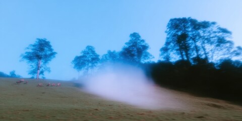 Premium Regenerative Agroforestry Landscape Cinematic Morning Mist with Grazing Animals for Modern Environmental Marketing and Editorial Use