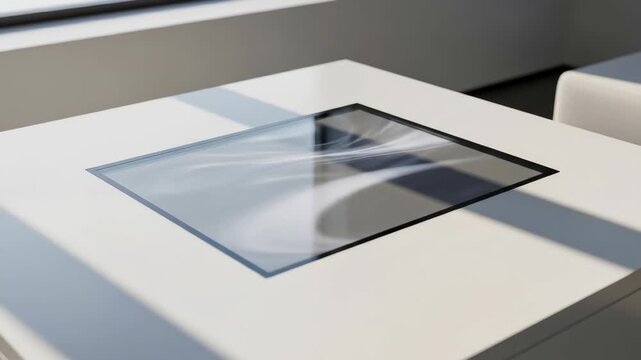 Modern white table with glass top reflecting light, furniture design concept