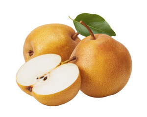 asian pears: whole, sliced with leaf on white background.