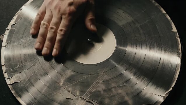 vintage audio disc made of polyvinyl chloride showing significant signs of wear and tear  including numerous abrasions and a missing center label  photographed from