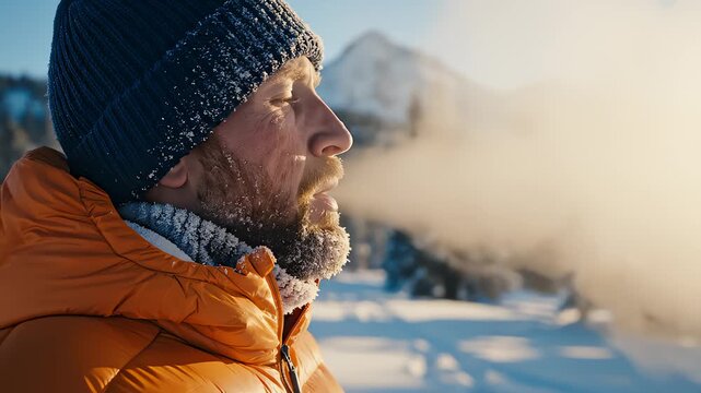 Man Standing Exhaling Visible Breath in Cold Mountain Winter Air