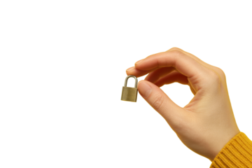 padlock held by hand isolated on white background.
