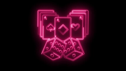 Neon glowing ace playing cards and dice on black background for gambling content - Powered by Adobe