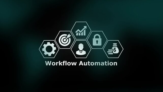 Workflow Automation Concept with Digital Hexagon Icons on Dark Background, Perfect for Process Optimization, System Efficiency, and Modern Corporate Productivity Design.
