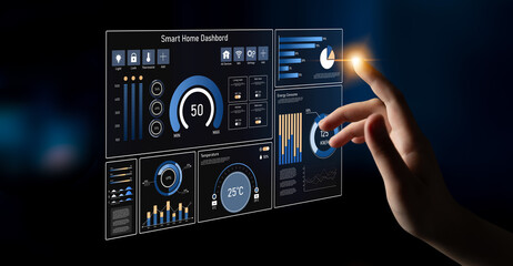 Smart home dashboard manages IoT system. Smart home dashboard controls temperature, dashboard tracks energy, smart home handles devices, and smart home dashboard monitors data. Latch