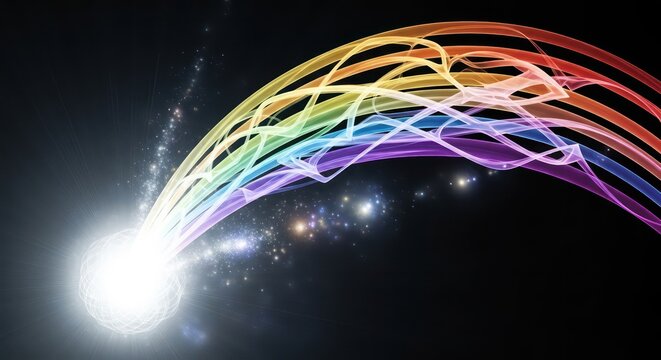 A brilliant burst of light emits a flowing, abstract rainbow arc across a dark, starry cosmos. - Powered by Adobe