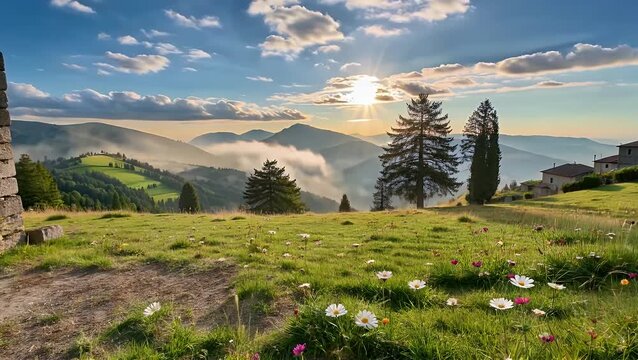 lapse video sequence of a picturesque flowering meadow in a mountainous region showing the movement of clouds and