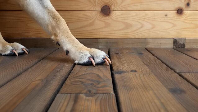 lengthy talons of a canine's foot create marks upon a surface made of timber  resulting in audible sounds from the flooring as the animal engages in digging