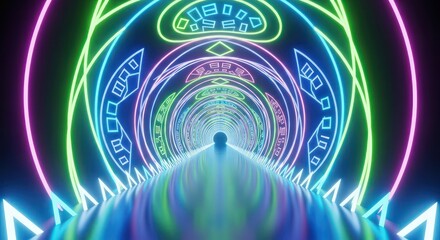 A journey through an endless futuristic tunnel illuminated by vibrant, multicolored neon rings with intricate patterns.