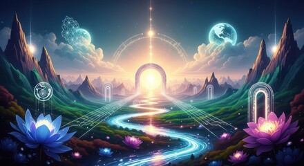 A mystical, ethereal landscape with a glowing river leading to a celestial portal surrounded by mountains and lotus flowers.