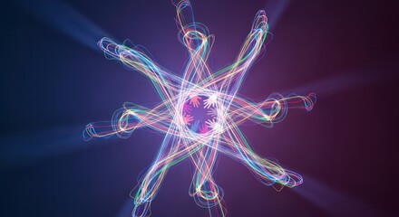 Abstract digital illustration of an atom with a glowing nucleus and colorful orbiting light trails.