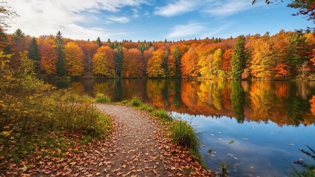 Scenic autumn forest landscape with vibrant fall foliage reflecting in lake and empty wooden bench beside path