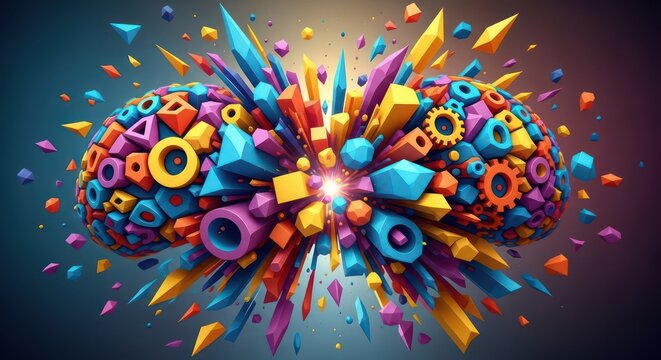 A vibrant explosion of colorful geometric shapes and cogs forming an abstract brain, symbolizing creativity and innovation.