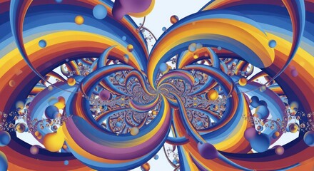 A vibrant and symmetrical psychedelic fractal art with swirling rainbow colors and floating spheres.