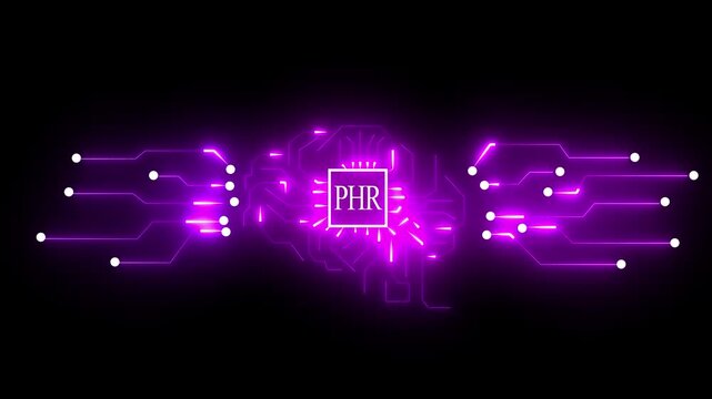 Purple Neon Circuit Board with PHR Logo on Black Background technology network