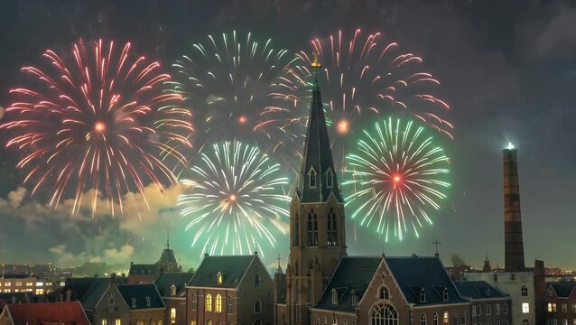 Landscape Illuminated by Pyrotechnic Displays During New Year's Eve