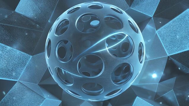 three-dimensional rendering of a blue perforated spherical object appearing like a globe on a digital
