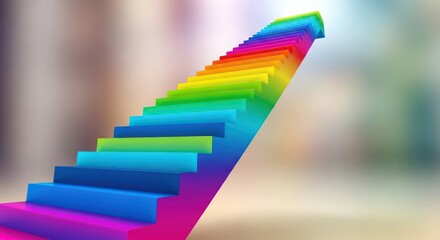 A colorful rainbow staircase with an arrow at the top, symbolizing progress, growth, and moving upwards towards a goal.