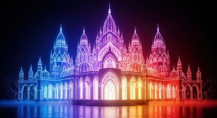 A grand, ornate cathedral illuminated with a vibrant spectrum of glowing rainbow colors at night.