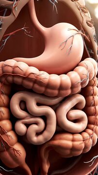 Detailed Anatomical Rendering of Human Digestive System Featuring Stomach Intestines and Blood Vessels in Light Pink Hue Under Medical Examination Lighting Medical Stock Footage
