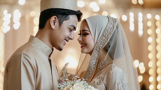 Happy Muslim couple in traditional wedding attire, smiling lovingly at each other.