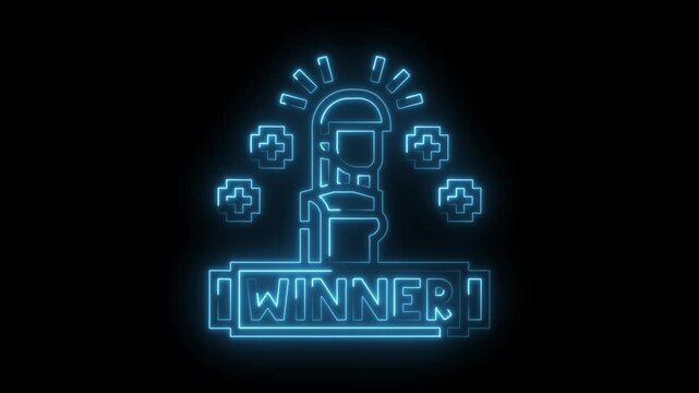 Glowing neon animation of a person who is a winner with achievement symbols