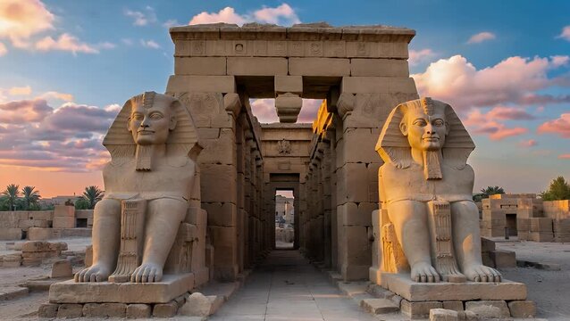 stone statues at a historic temple during the golden hour just before sunset in ancient