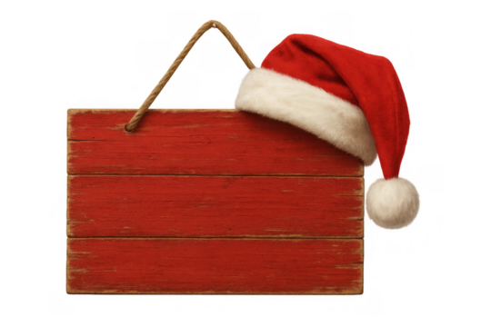 Christmas santa hat on rustic red wooden sign, blank for text, celebrating holiday season with copy space, transparent background