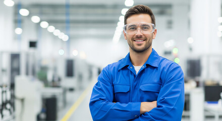 Obraz premium Young Engineer or Technician Smiling Confidently in Safety Glasses at Modern Factory