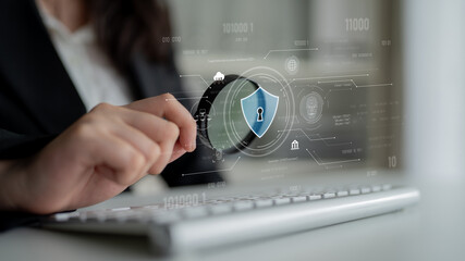 Cyber security interface with biometric and AI-powered protection system. Cyber security secures...