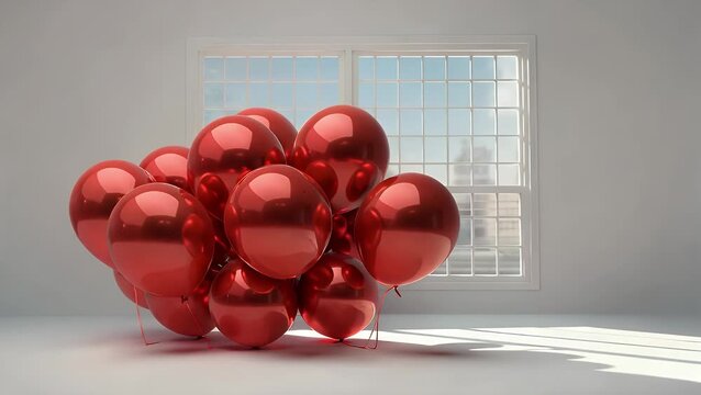 of Shiny Scarlet Spherical Balloons Suspended Over a Plain White Surface Exhibiting Reflections from a Light
