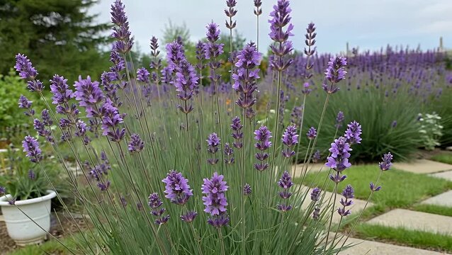 and Flourishing Garden Landscape Featuring Rows of Blooming Purple Lavender Plants Under