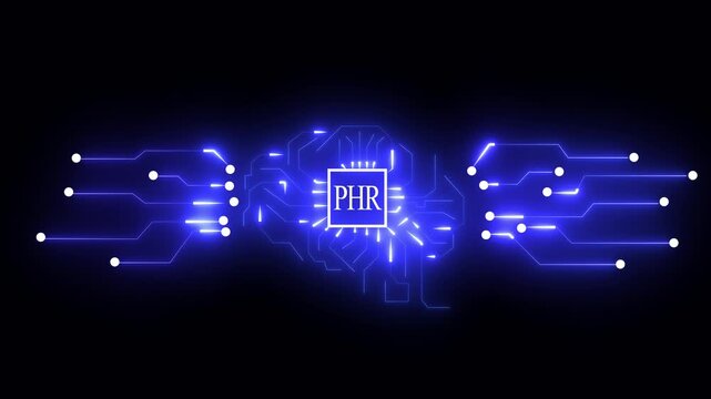 Digital Brain Circuit Board with Blue Neon Lights and PHR Text technology artificial intelligence