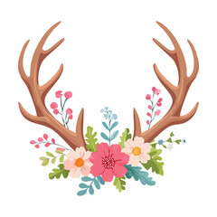 Decorative antlers plants adorned with pink flowers, butterflies, and lush green fern foliage illustration