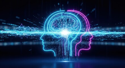 Glowing neon outlines of human heads with a digital brain representing artificial intelligence and consciousness.