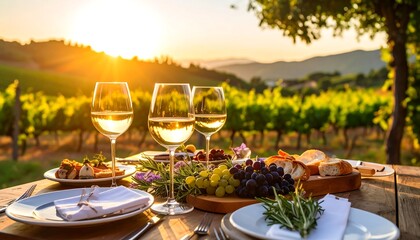 Sunset vineyard table set with wine, cheese, fruit