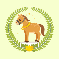 Cute horse plants encircled by a vibrant laurel wreath of green leaves and small white flowers