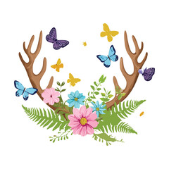 Antlers plants adorned with colorful butterflies, various flowers, and bright green fern foliage