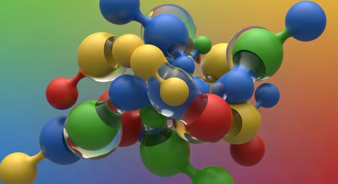 A vibrant 3D rendering of a complex molecular structure with glossy, colorful spheres on a rainbow gradient background. - Powered by Adobe