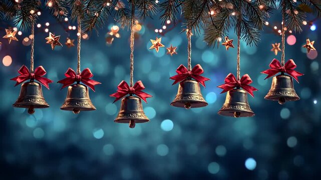Festive bells adorned with ribbons, creating a joyful holiday atmosphere.