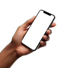Male hand holding smartphone with transparent background, modern mockup for mobile app presentation