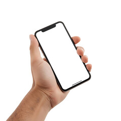 Male hand holding smartphone with transparent background, modern mockup for mobile app presentation