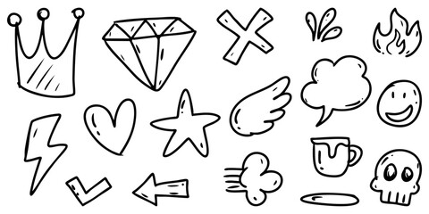 playful collection of hand drawn doodle icons featuring simple sketch style elements like crown, diamond, heart, star, skull, lightning, coffee cup, and more.