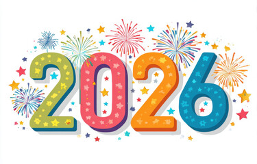 Celebrate New Year 2026 with vibrant colors and festive fireworks. This illustration features bold numbers surrounded by colorful stars and bursts, creating joyful atmosphere