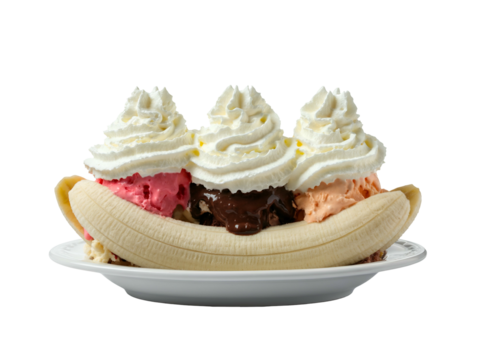 A classic banana split dessert with three scoops of colorful ice cream and generous whipped cream, isolated on a clear blank white background
