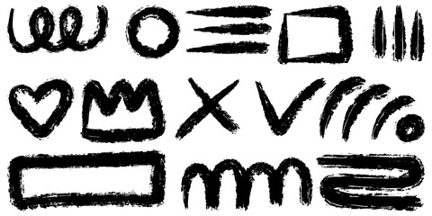 collection of hand drawn brush stroke shapes and doodle elements in black ink on white background.